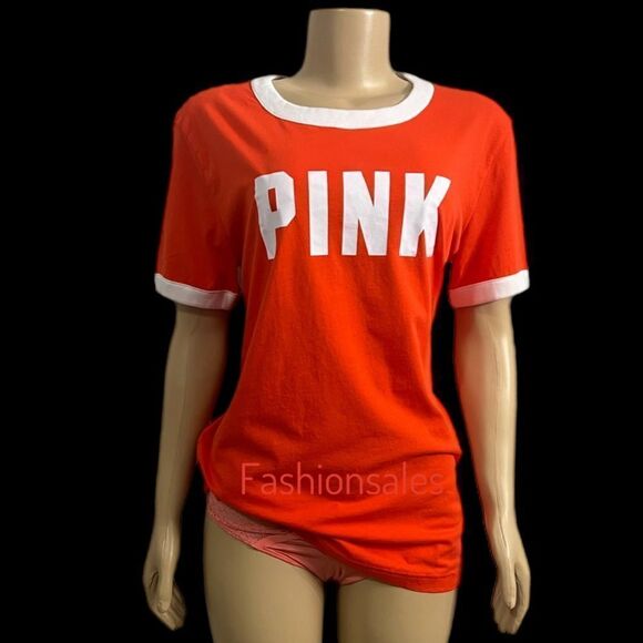 Victorias Secret Pink Campus Ringer Oversized Short Sleeve Logo Tee Shirt Tomato - Picture 3 of 9